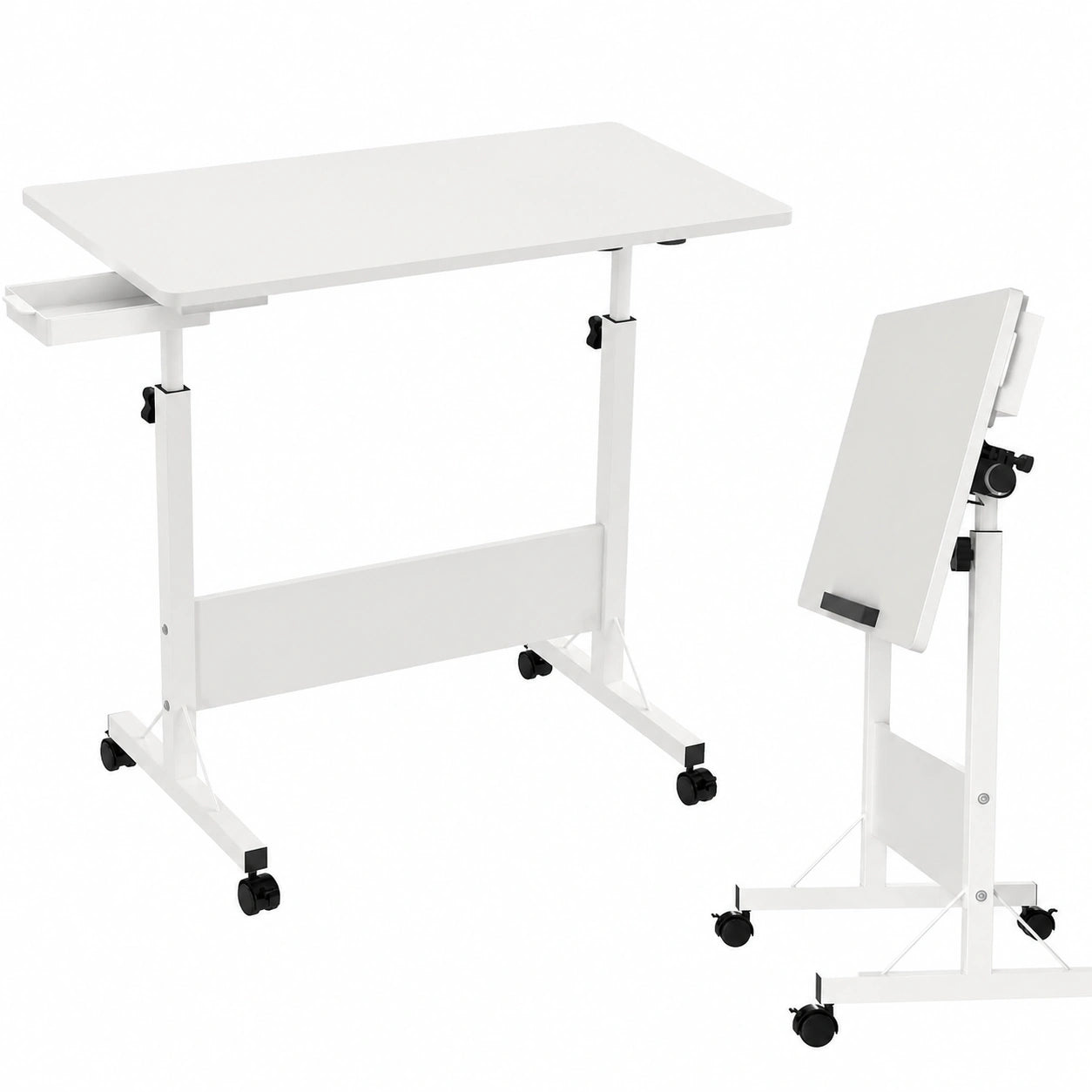 Höhenverstellbarer Klapptisch mit Rollen, 80 x 40 cm, Mobiler Schreibtisch für Büro und Zuhause, Weiß