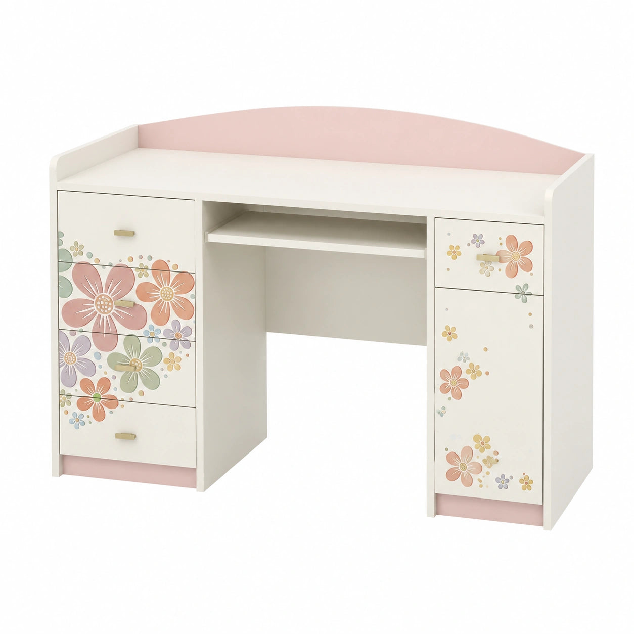 Kinderschreibtisch mit Tastaturablage und Blumenmuster, 5 Schubladen, 125x89x60 cm