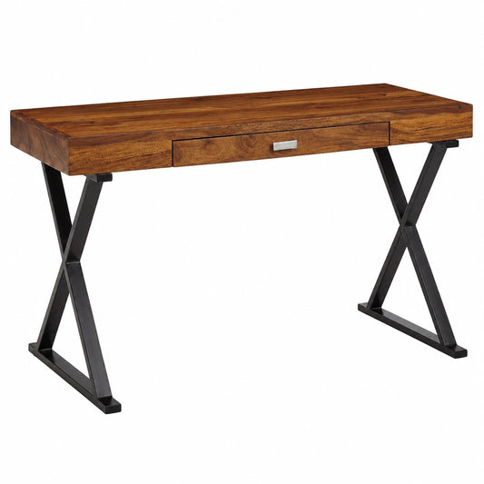 Massivholz-Schreibtisch aus Sheesham mit Schublade und Metallbeinen - 120x55x78 cm, ideal für Büro und Home Office