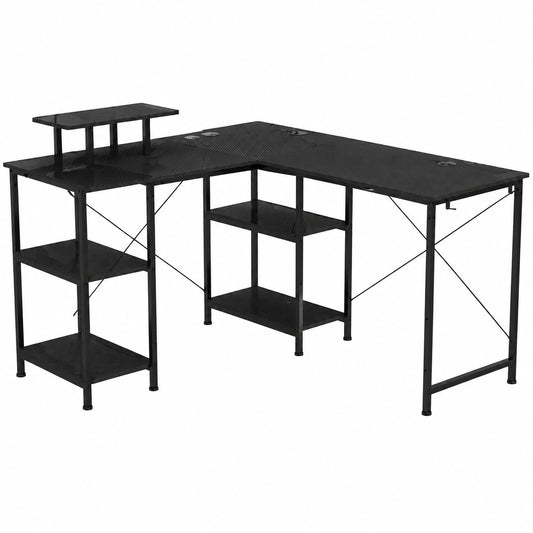 L-förmiger Gaming-Schreibtisch mit Regal und USB-Anschluss, Computertisch mit Monitorständer in Schwarz für Büro und Zuhause