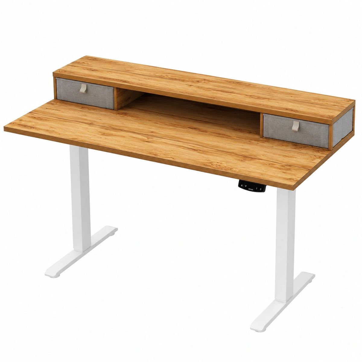 Elektrisch Höhenverstellbarer Schreibtisch mit Speicherfunktion und 2 Schubladen, 120 x 60 cm, Computertisch für Homeoffice, Hellbraun