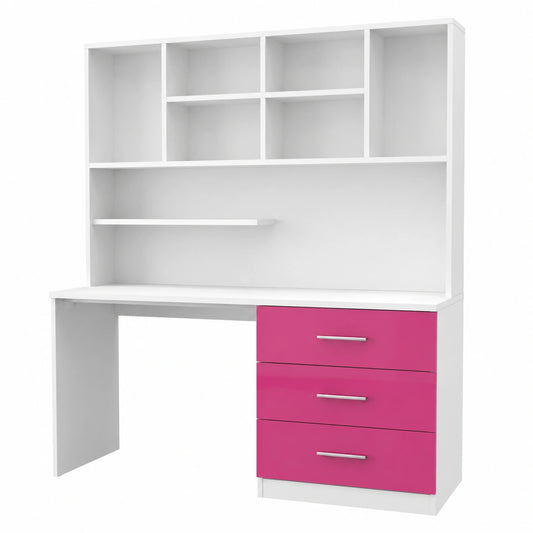 Moderner weiß/rosa Hochglanz Schreibtisch mit Regal - Schülerschreibtisch, Computertisch, Arbeitstisch