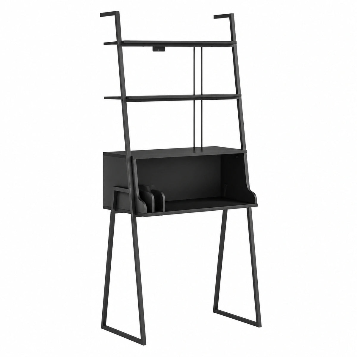 Moderner Schreibtisch mit Regal und Leiter, 184 x 80 x 40 cm, Sekretär mit Ablagen, Metallrahmen Schwarz